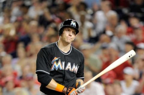 WASHINGTON, DC – AUGUST 29: Logan Morrison #5 of the Miami Marlins reacts after striking out in the seventh inning against the Washington Nationals at Nationals Park on August 29, 2013 in Washington, DC. (Photo by Greg Fiume/Getty Images)