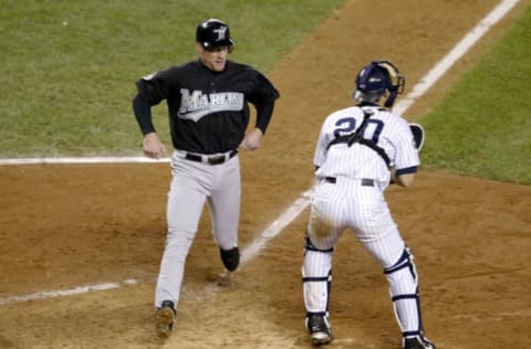 BRONX, NY – OCTOBER 18: Jeff Conine #18 of the Florida Marlins. (Photo by Brian Bahr/Getty Images)