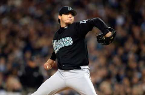 BRONX, NY – OCTOBER 25: Starting pitcher Josh Beckett #21 of the Florida Marlins pitches during game six of the Major League Baseball World Series against the New York Yankees on October 25, 2003 at Yankee Stadium in the Bronx, New York. The Marlins defeated the Yankees 2-0 to win the World Series. (Photo by Al Bello/Getty Images)