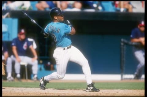 7 Apr 1997: Gary Sheffield of the Florida Marlins makes contact with a pitch during the Marlins 11-5 spring training win over the Cleveland Indians at Space Coast Stadium in Viera, Florida. Mandatory Credit: Stephen Dunn /Allsport