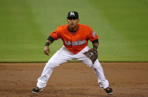 MIAMI, FL – APRIL 12: Donovan Solano #17 of the Miami Marlins. (Photo by Mike Ehrmann/Getty Images)