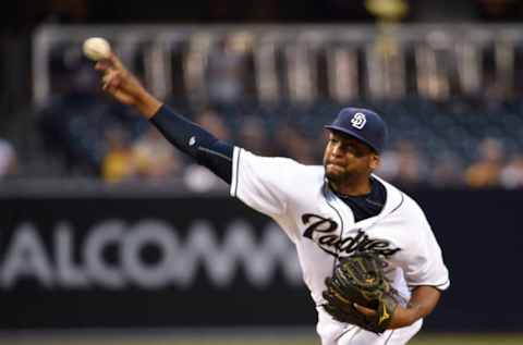 SAN DIEGO, CA – APRIL 14: Odrisamer Despaigne #40 of the San Diego Padres pitches during the first inning of a baseball game against the Arizona Diamondbacks at Petco Park April 14, 2015 in San Diego, California. (Photo by Denis Poroy/Getty Images)