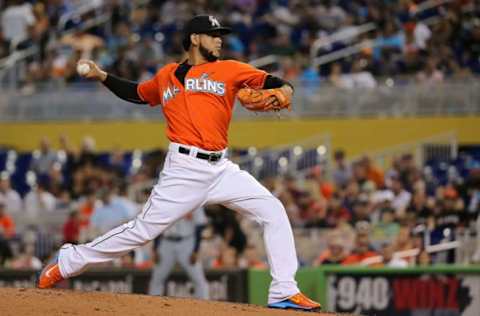 MIAMI, FL – MAY 17: Henderson Alvarez #37 of the Miami Marlins pitches during a game against the Atlanta Braves at Marlins Park on May 17, 2015 in Miami, Florida. (Photo by Mike Ehrmann/Getty Images)