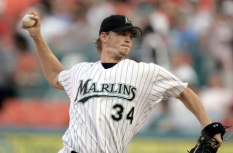 MIAMI – JUNE 15: Pitcher A.J. Burnett #34 of the Florida Marlins. (Photo by Eliot J. Schechter/Getty Images)