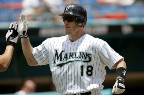 MIAMI – JULY 29: Left fielder Jeff Conine #18 of the Florida Marlins celebrates his homerun in the second inning against the Philadelphia Phillies on July 29, 2004 at Pro Player Stadium in Miami, Florida. (Photo by Eliot J. Schechter/Getty Images)