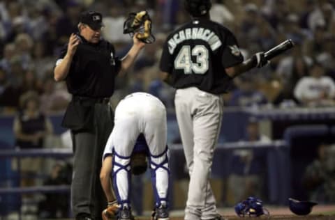 LOS ANGELES – AUGUST 16: Catcher Brent Mayne #6 of the Los Angeles Dodgers. (Photo by Stephen Dunn/Getty Images)