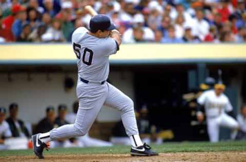 1989: Steve Balboni #50 of the New York Yankees follows through on the swing during a 1989 season game. Steve Balboni played for the New York Yankees from 1981-1983 and 1989-1990. (Photo by Otto Greule Jr/Getty Images)