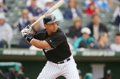 JUPITER, FL – MARCH 3 : Outfielder Miguel Cabrera #55 of the Florida Marlins bats against the Baltimore Orioles during their spring training game on March 3, 2005 at Roger Dean Stadium in Jupiter, Florida. The Baltimore Orioles defeated the Florida Marlins 8-4. (Photo by Elsa/Getty Images)