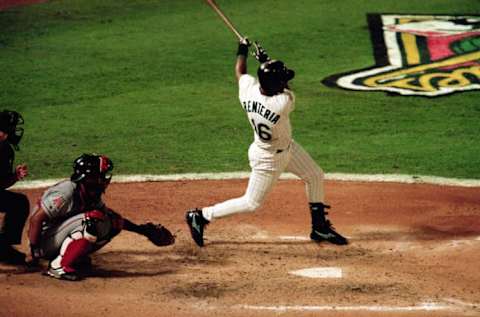 MIAMI – OCTOBER 18: Edgar Renteria #16 of the Florida Marlins swings at a pitch during Game one of the 1997 World Series against the Cleveland Indians at Pro Player Stadium on October 18, 1997 in Miami, Florida. The Marlins defeated the Indians 7-4. (Photo by Brian Bahr/Getty Images)