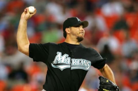 WASHINGTON – SEPTEMBER 08: Starting pitcher Josh Beckett #21 of the Florida Marlins pitches against the Washington Nationals on September 8, 2005 at RFK Stadium in Washington, DC. (Photo by Jamie Squire/Getty Images)