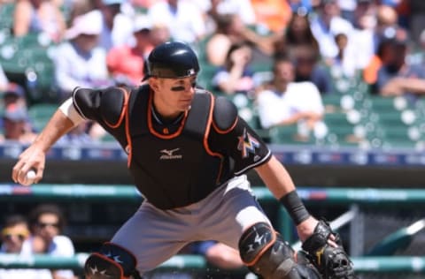 DETROIT, MICHIGAN – JUNE 29: Jeff Mathis #6 of the Miami Marlins. (Photo by Mark Cunningham/MLB Photos via Getty Images)