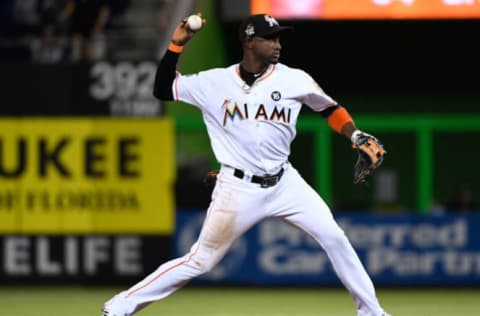 MIAMI, FL – MAY 01: Adeiny Hechavarria #3 of the Miami Marlins in action during the game between the Miami Marlins\. (Photo by Mark Brown/Getty Images)