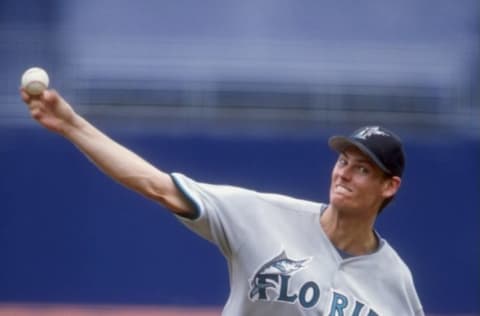 9 Aug 1998: Pitcher Andy Larkin #36 of the Florida Marlins throws the ball during the game against the San Diego Padres at Qualcomm Stadium in San Diego, California. The Padres defeated the Marlins 6-5. Mandatory Credit: Todd Warshaw /Allsport