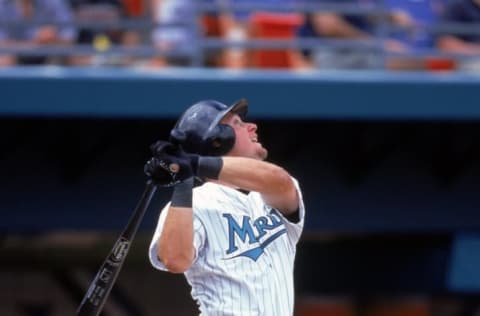 6 Apr 2000: Mark Kotsay #7 of the Florida Marlins watches his fly ball during the game against the San Francisco Giants at the Pro Player Stadium in Miami, Florida. The Marlins defeated the Giants 6-5. Mandatory Credit: Andy Lyons /Allsport