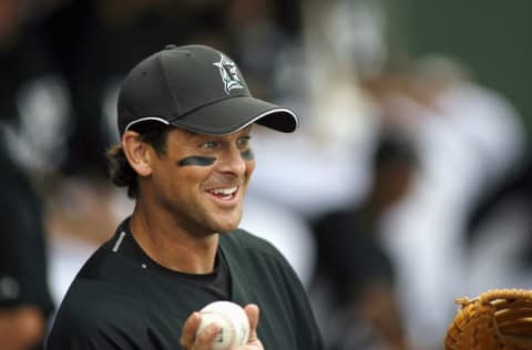 JUPITER, FL – MARCH 01: First baseman Aaron Boone #8 of the Florida Marlins. (Photo by Marc Serota/Getty Images)