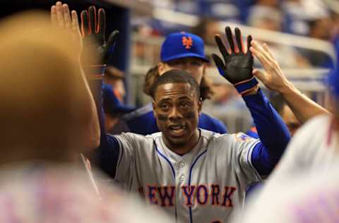 MIAMI, FL – JUNE 27: Curtis Granderson #3 of the New York Mets celebrates hitting a solo home run in the first inning during a game against the Miami Marlins at Marlins Park on June 27, 2017 in Miami, Florida. (Photo by Mike Ehrmann/Getty Images)