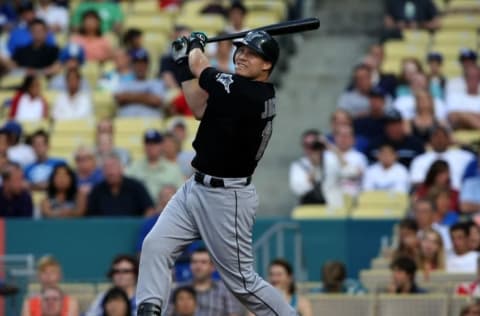 LOS ANGELES, CA – JULY 12: Mike Jacobs #17 of the Florida Marlins. (Photo by Stephen Dunn/Getty Images)