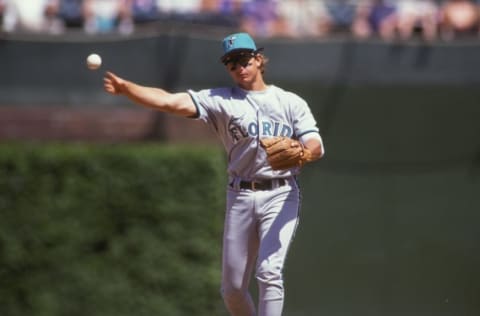 CHICAGO, IL – JUNE 1: Bret Barberie #8 of the Florida Marlins. (Photo by Mitchell Layton/Getty Images)