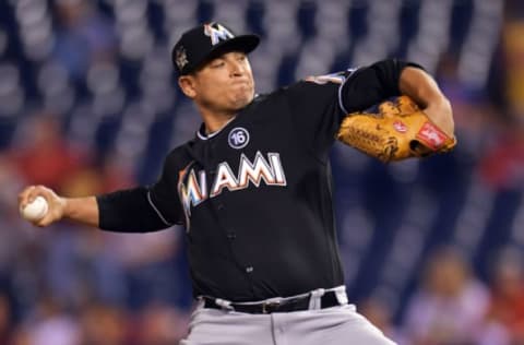 PHILADELPHIA, PA – SEPTEMBER 14: Javy Guerra #40 of the Miami Marlins delivers pitch in the second inning against the Philadelphia Phillies at Citizens Bank Park on September 14, 2017 in Philadelphia, Pennsylvania. (Photo by Drew Hallowell/Getty Images)