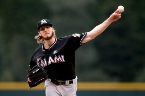 DENVER, CO – SEPTEMBER 27: Starting pitcher Adam Conley #61 of the Miami Marlins. (Photo by Matthew Stockman/Getty Images)