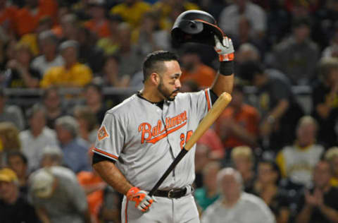 PITTSBURGH, PA – SEPTEMBER 27: Pedro Alvarez #24 of the Baltimore Orioles acknowledges the fans with a wave before his first at bat in the second inning during the game against the Pittsburgh Pirates at PNC Park on September 27, 2017 in Pittsburgh, Pennsylvania. (Photo by Justin Berl/Getty Images)