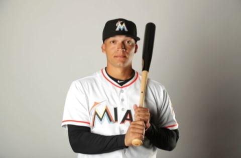 JUPITER, FL – FEBRUARY 22: Isan Diaz #91 of the Miami Marlins poses for a portrait at The Ballpark of the Palm Beaches on February 22, 2018 in Jupiter, Florida. (Photo by Streeter Lecka/Getty Images)