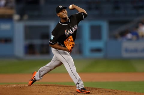 LOS ANGELES, CA – APRIL 23: Jarlin Garcia #66 of the Miami Marlins pitches during the first inning of a game against the Los Angeles Dodgers at Dodger Stadium on April 23, 2018 in Los Angeles, California. (Photo by Sean M. Haffey/Getty Images)