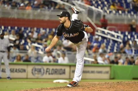 MIAMI, FL – APRIL 28: Kyle Barraclough #46 of the Miami Marlins throws a pitch during the ninth inning against the Colorado Rockies at Marlins Park on April 28, 2018 in Miami, Florida. (Photo by Eric Espada/Getty Images)