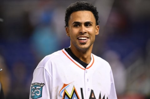 MIAMI, FL – MAY 01: Yadiel Rivera #2 of the Miami Marlins celebrates after hitting a walk-off single in the 10th inning against the Philadelphia Phillies at Marlins Park on May 1, 2018 in Miami, Florida. (Photo by Mark Brown/Getty Images)