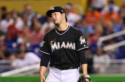 MIAMI, FL – MAY 12: Junichi Tazawa #25 of the Miami Marlins reacts to a call of one of his pitches in the eighth inning against the Atlanta Braves at Marlins Park on May 12, 2018 in Miami, Florida. (Photo by Mark Brown/Getty Images)