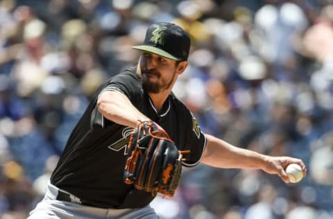 SAN DIEGO, CA – MAY 28: Caleb Smith #31 of the Miami Marlins pitches during the second inning of a baseball game against the San Diego Padres at PETCO Park on May 28, 2018 in San Diego, California. MLB players across the league are wearing special uniforms to commemorate Memorial Day. (Photo by Denis Poroy/Getty Images)