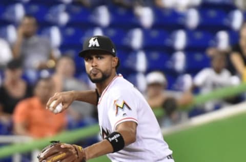 MIAMI, FL – JUNE 12: Yadiel Rivera #2 of the Miami Marlins throws towards first base during the ninth inning against the San Francisco Giants at Marlins Park on June 12, 2018 in Miami, Florida. (Photo by Eric Espada/Getty Images)