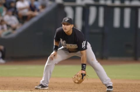 Florida Marlins third baseman Miguel Cabrera against the Arizona Diamondbacks August 13, 2006 in Phoenix. Cabrera later hit a two-run homer and the Marlins won 6 – 5. (Photo by A. Messerschmidt/Getty Images)