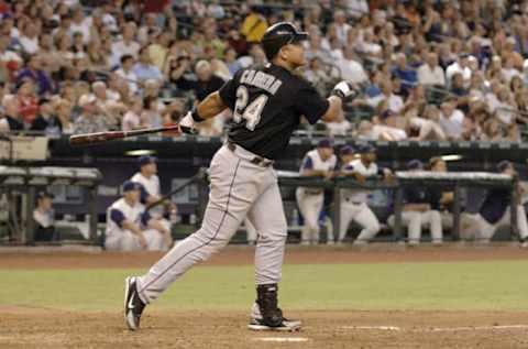 Florida Marlins third baseman Miguel Cabrera at bat against the Arizona Diamondbacks August 13, 2006 in Phoenix. Cabrera later hit a two-run homer and the Marlins won 6 – 5. (Photo by A. Messerschmidt/Getty Images)