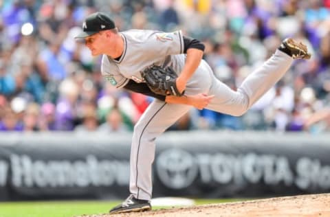 DENVER, CO – JUNE 24: Drew Rucinski #55 of the Miami Marlins pitches in long relief after an apparent injury to the starting pitcher during a game against the Colorado Rockies during a game at Coors Field on June 24, 2018 in Denver, Colorado. (Photo by Dustin Bradford/Getty Images)