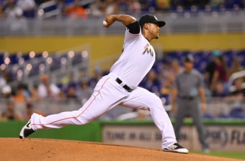 MIAMI, FL – JUNE 26: Elieser Hernandez #57 of the Miami Marlins pitches in the first inning during the game against the Arizona Diamondbacks at Marlins Park on June 26, 2018 in Miami, Florida. (Photo by Mark Brown/Getty Images)