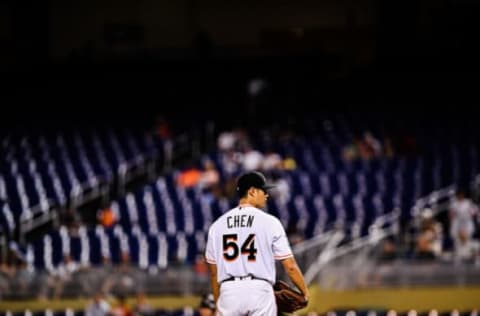 MIAMI, FL – JUNE 27: Wei-Yin Chen #54 of the Miami Marlins gets ready to pitche in the third inning during the game against the Arizona Diamondbacks at Marlins Park on June 27, 2018 in Miami, Florida. (Photo by Mark Brown/Getty Images)