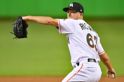 MIAMI, FL – JUNE 28: Trevor Richards #63 of the Miami Marlins pitches in the first inning during the game against the Arizona Diamondbacks at Marlins Park on June 28, 2018 in Miami, Florida. (Photo by Mark Brown/Getty Images)