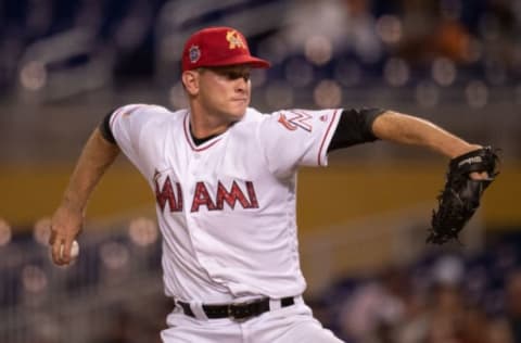 MIAMI, FL – JULY 02: Drew Rucinski #55 of the Miami Marlins throws a pitch in the tenth inning against the Tampa Bay Rays at Marlins Park on July 2, 2018 in Miami, Florida. (Photo by Mark Brown/Getty Images)