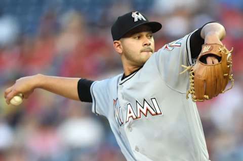 WASHINGTON, DC – JULY 05: Pablo Lopez #49 of the Miami Marlins pitches in the first inning during a baseball game against the Miami Marlins at Nationals Park on July 5, 2018 in Washington, DC. (Photo by Mitchell Layton/Getty Images)