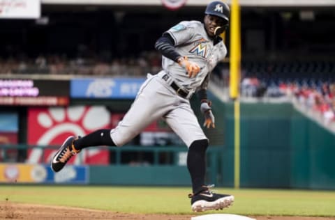 WASHINGTON, DC – JULY 06: Cameron Maybin #1 of the Miami Marlins scores against the Washington Nationals during the third inning at Nationals Park on July 06, 2018 in Washington, DC. (Photo by Scott Taetsch/Getty Images)