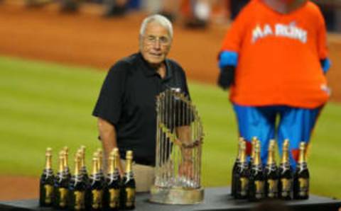 MIAMI, FL – AUGUST 04:Jack Mckeon hands out champagne to members of the World Series Champion 2003 Marlins (Photo by Mike Ehrmann/Getty Images)