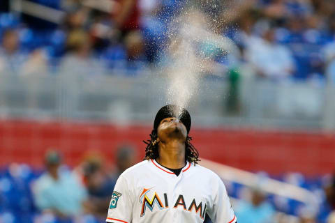 MIAMI, FL – APRIL 09: Jose Urena #62 of the Miami Marlins reacts as he walks out to the mound prior to the game against the New York Mets at Marlins Park on April 9, 2018 in Miami, Florida. (Photo by Michael Reaves/Getty Images)