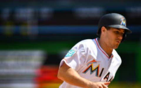 MIAMI, FL – APRIL 29: J.T. Realmuto #11 of the Miami Marlins rounds third base in the eighth inning against the Colorado Rockies at Marlins Park on April 29, 2018 in Miami, Florida. (Photo by Mark Brown/Getty Images)