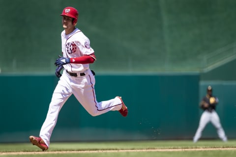 WASHINGTON, DC – MAY 03: Trea Turner #7 of the Washington Nationals hits a two-run home run during the sixth inning against the Pittsburgh Pirates at Nationals Park on May 3, 2018 in Washington, DC. (Photo by Scott Taetsch/Getty Images)