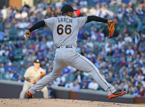 CHICAGO, IL – MAY 07: Starting pitcher Jarlin Garcia #66 of the Miami Marlins delivers the ball against the Chicago Cubs at Wrigley Field on May 7, 2018 in Chicago, Illinois. (Photo by Jonathan Daniel/Getty Images)