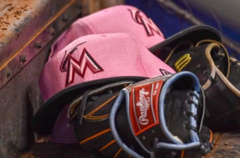 MIAMI, FL – MAY 13: A detailed view of the New Era Mother’s Day cap of the Miami Marlins during the game between the Miami Marlins and the Atlanta Braves at Marlins Park on May 13, 2018 in Miami, Florida. (Photo by Mark Brown/Getty Images)