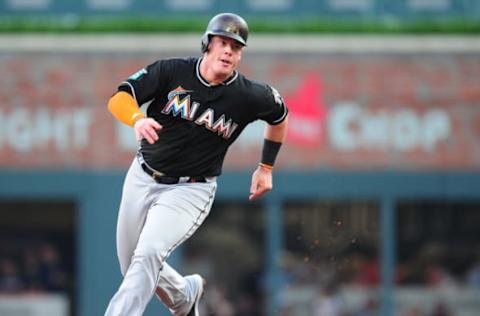 ATLANTA, GA. – May 19: Justin Bour #41 of the Miami Marlins rounds second base during the first inning against the Atlanta Braves at SunTrust Field on May 19, 2018 in Atlanta, Georgia. (Photo by Scott Cunningham/Getty Images)