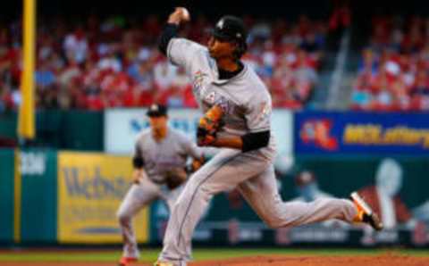 ST. LOUIS, MO – JUNE 5: Jose Urena #62 of the Miami Marlins delivers a pitch against the Cardinals in the first inning at Busch Stadium on JUNE 5, 2018 in St. Louis, Missouri. (Photo by Dilip Vishwanat/Getty Images)