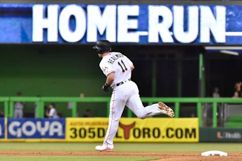 MIAMI, FL – JUNE 11: J.T. Realmuto #11 of the Miami Marlins rounds second base after hitting a home run in the seventh inning against the San Francisco Giants at Marlins Park on June 11, 2018 in Miami, Florida. (Photo by Eric Espada/Getty Images)